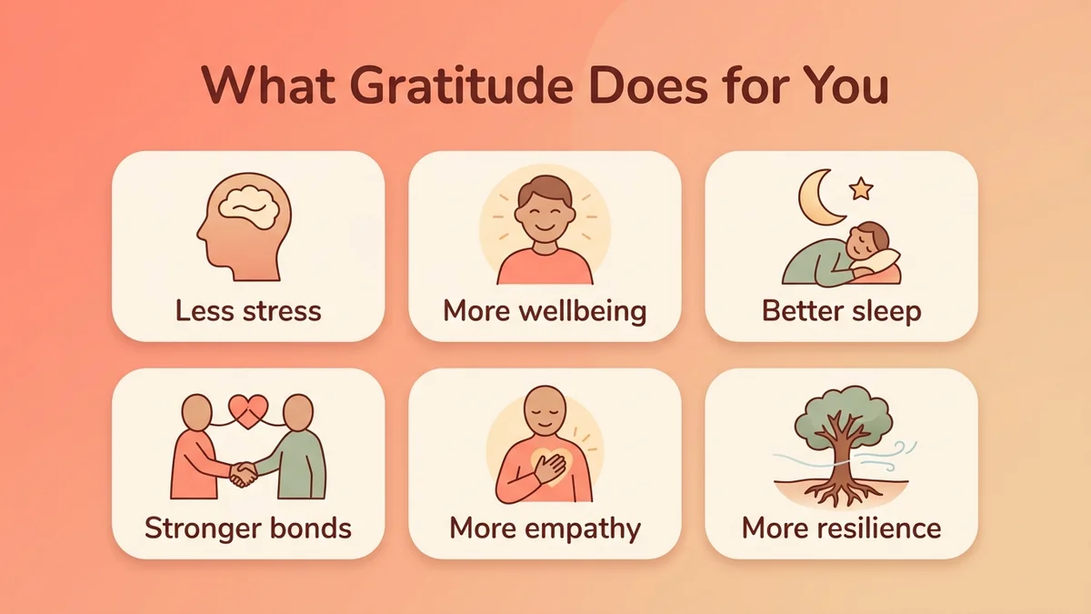 Infographic of the proven benefits of a gratitude journal: lower stress, greater wellbeing, better sleep, stronger relationships, more empathy, more resilience