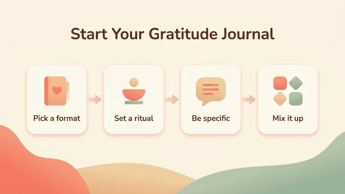 Infographic of the 4-step gratitude journal method: choose your format, set your ritual, write with precision, vary your sources of gratitude