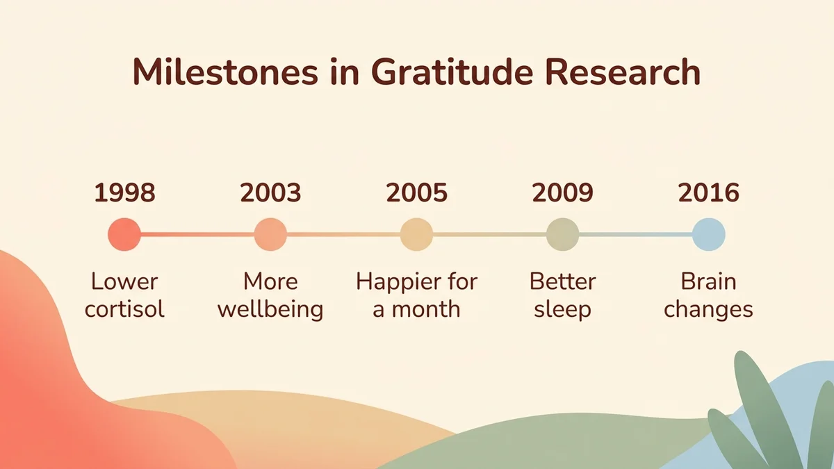 Timeline infographic of major scientific discoveries about gratitude: McCraty 1998, Emmons 2003, Seligman 2005, Wood 2009, Kini 2016