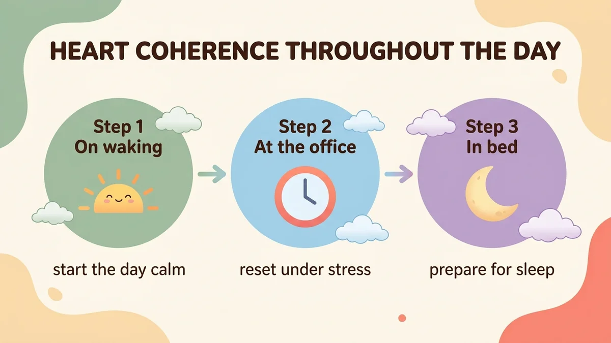 Step-by-step infographic showing the heart coherence process in three situations: on waking with a rising sun, at the office with a clock, and in bed with a moon, each step illustrating posture and breathing rhythm