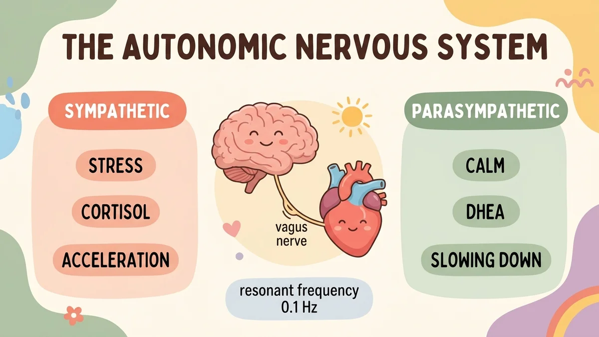Infographic of the autonomic nervous system: the sympathetic branch (stress, cortisol, acceleration) and the parasympathetic branch (calm, DHEA, slowing down) connected by the vagus nerve between the brain and the heart, with the resonant frequency at 0.1 Hz