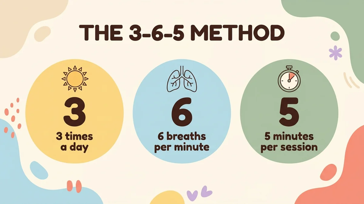 Infographic of the 3-6-5 method: three circles illustrating the key numbers — 3 times a day, 6 breaths per minute, 5 minutes per session — with sun, lungs, and stopwatch icons