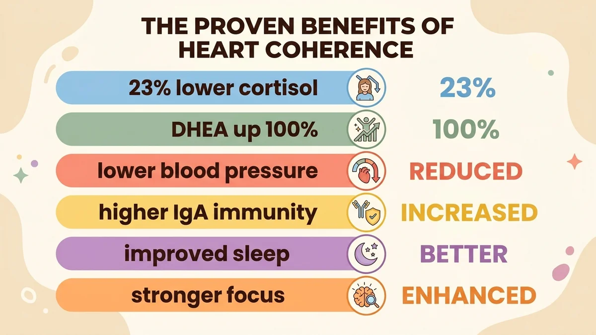 Infographic of the proven benefits of heart coherence: cortisol down 23 percent, DHEA up 100 percent, lower blood pressure, higher IgA immunity, improved sleep, and stronger focus