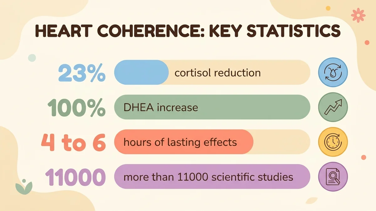 Infographic showing the key statistics of heart coherence: cortisol reduced by 23 percent, DHEA increased by 100 percent, effects lasting 4 to 6 hours, and more than 11,000 scientific studies