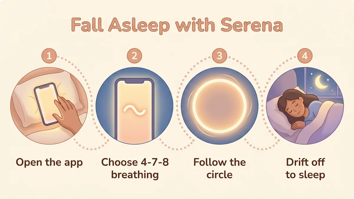 Diagram of the 4-step process to fall asleep with Serena: open the app, choose 4-7-8 breathing, follow the circle, fall asleep