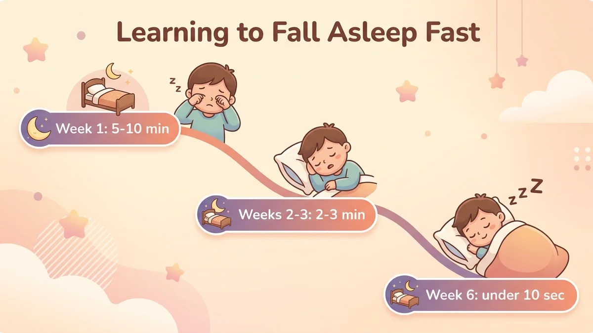 Infographic of the 3 learning phases for falling asleep fast: week 1 in 5-10 minutes, weeks 2-3 in 2-3 minutes, week 6 in under 10 seconds, with a descending curve and icons