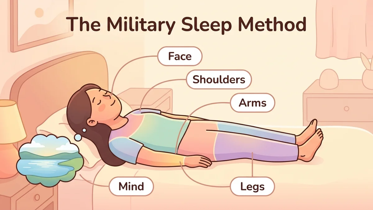 Step-by-step infographic of the military method: face, shoulders, arms, legs, mind, with a stylized figure and colored body zones