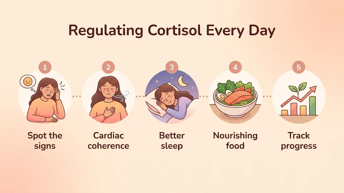 Diagram of the 5-step process for regulating cortisol day to day: identify the signs, practice cardiac coherence, optimize sleep, adjust your diet and track your progress