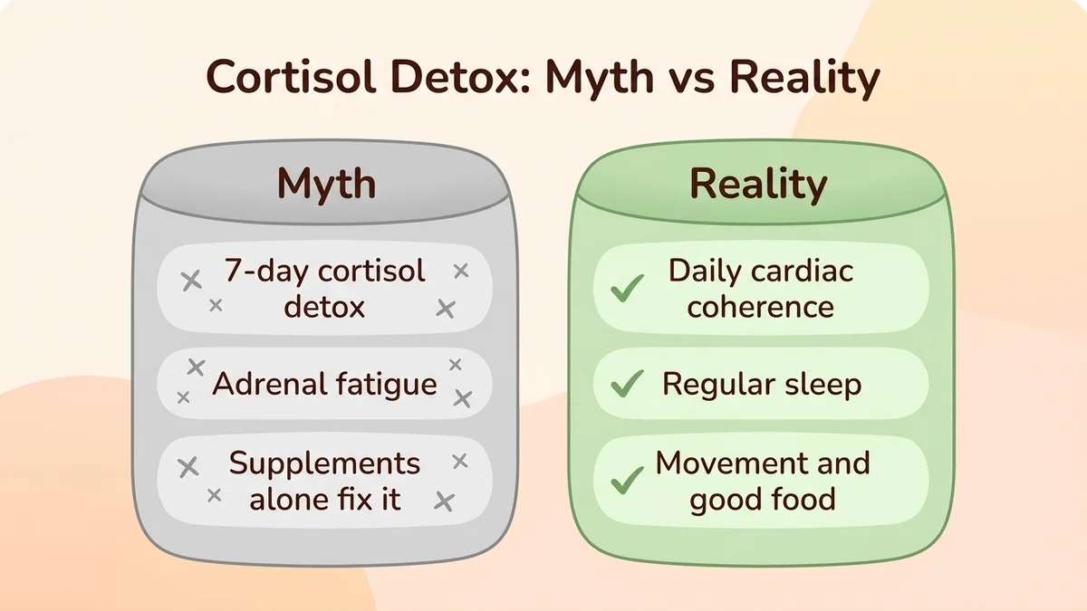 Infographic comparing the cortisol detox myth with scientific reality: two columns with common misconceptions on the left and science-backed facts on the right
