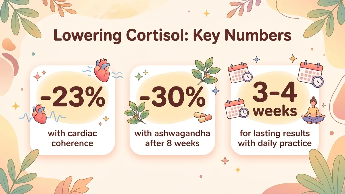 Summary infographic of key statistics: cardiac coherence lowers cortisol by 23 percent, ashwagandha by 30 percent in 8 weeks, lasting effects after 3-4 weeks of daily practice