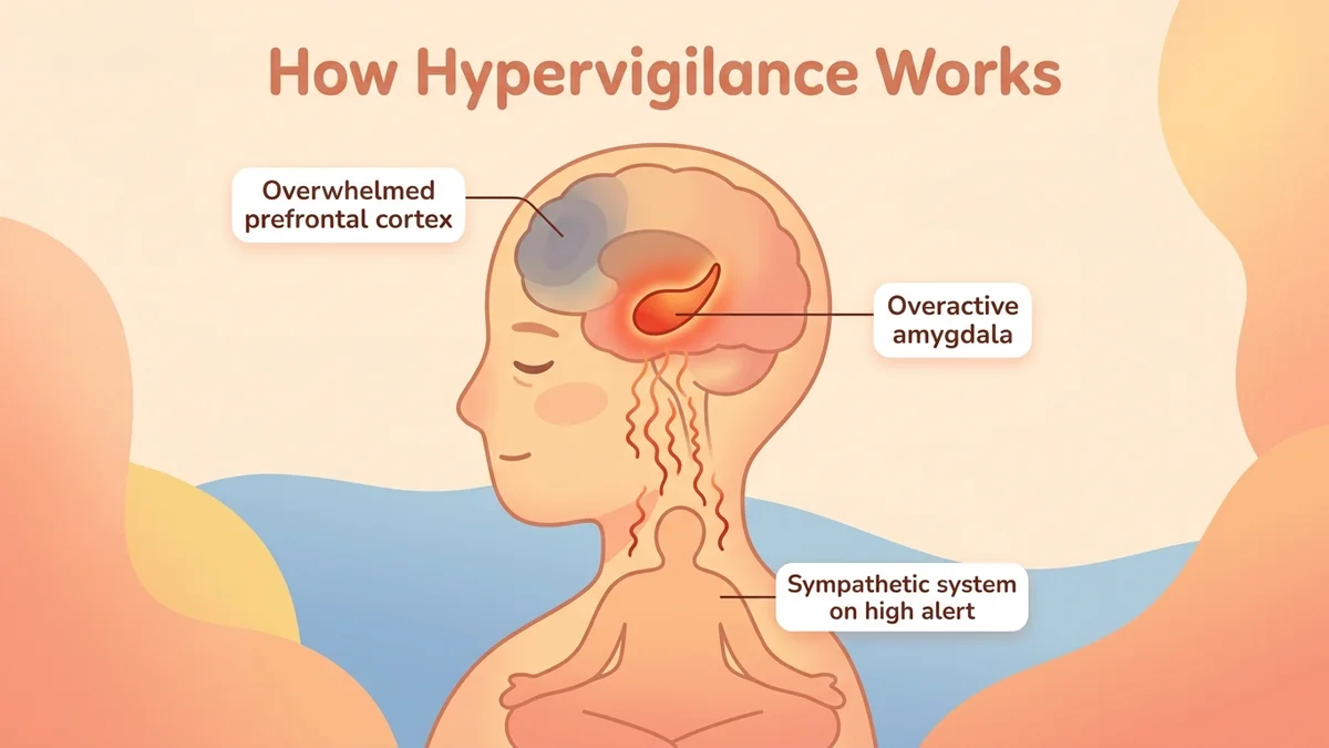 Infographic of how hypervigilance works: a visual diagram showing an overactive amygdala sending alarm signals to the body, with an overwhelmed prefrontal cortex and an overactivated sympathetic nervous system
