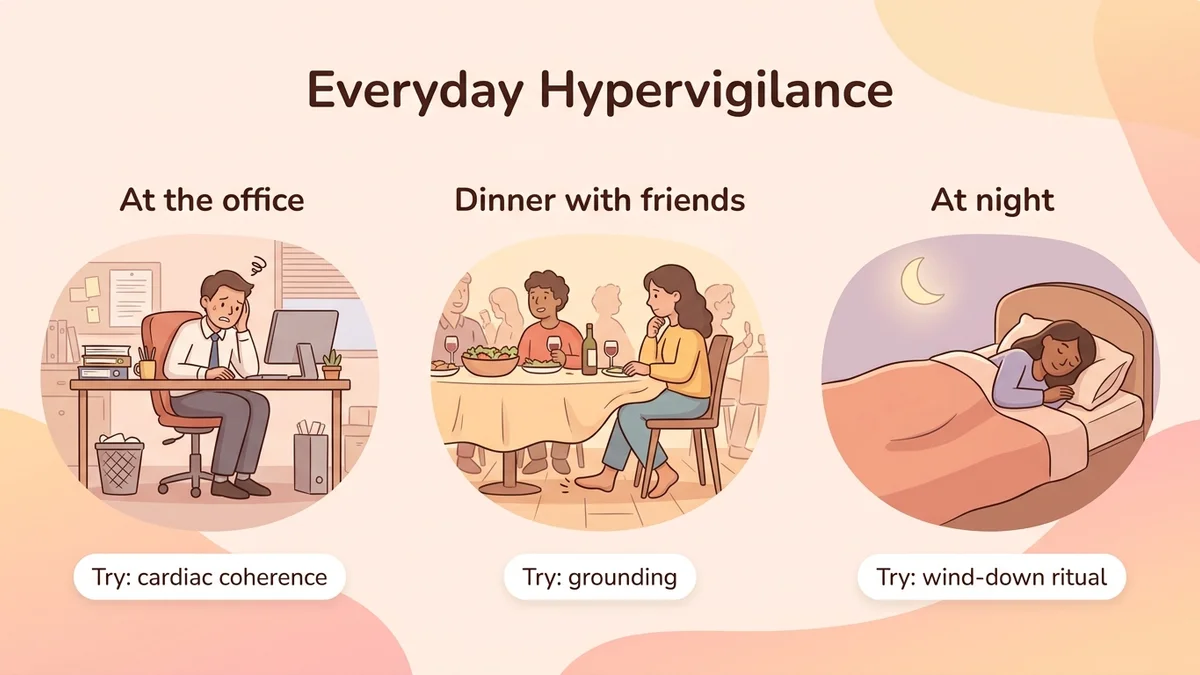 Infographic showing three real-life hypervigilance scenarios, each paired with its calming technique