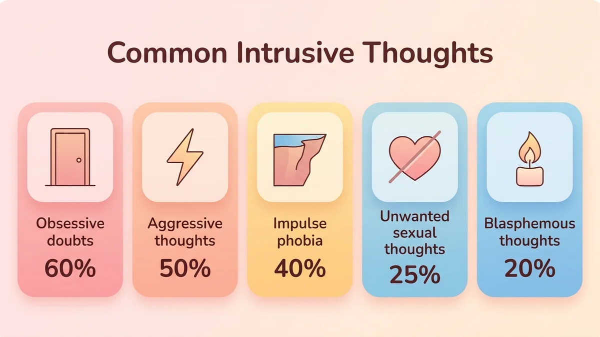 Infographic illustrating the different types of intrusive thoughts with representative icons and how often they occur in the general population