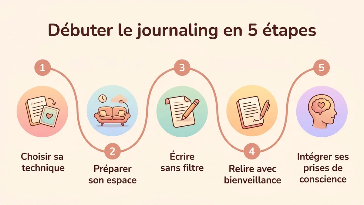 Infographie du processus étape par étape pour débuter le journaling thérapeutique : choisir sa technique, préparer son espace, écrire sans filtre, relire avec bienveillance, intégrer les prises de conscience