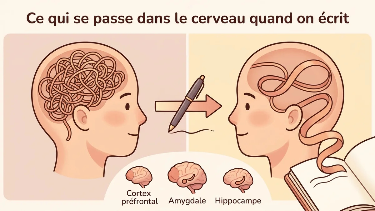 Infographie du mécanisme du journaling thérapeutique : schéma visuel montrant le passage des pensées chaotiques vers un récit structuré, avec les zones cérébrales impliquées (cortex préfrontal, amygdale, hippocampe) et les neurotransmetteurs libérés