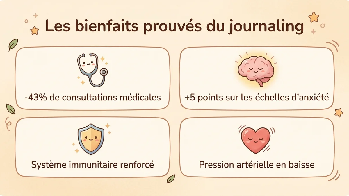 Infographie des bienfaits prouvés du journaling thérapeutique avec statistiques : réduction de 43% des consultations médicales, amélioration de 5 points des scores d'anxiété, renforcement du système immunitaire, et chiffres clés par catégorie