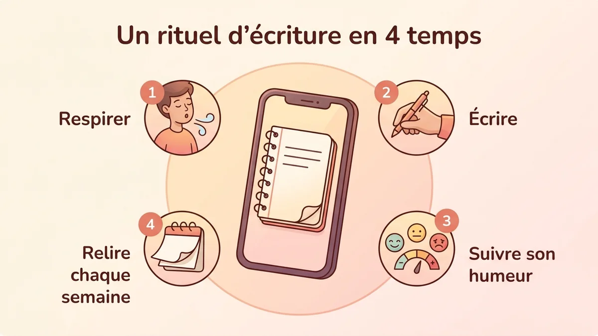 Schéma du processus étape par étape pour intégrer le journaling thérapeutique dans son quotidien avec Serena : respiration, écriture guidée, suivi émotionnel, relecture hebdomadaire