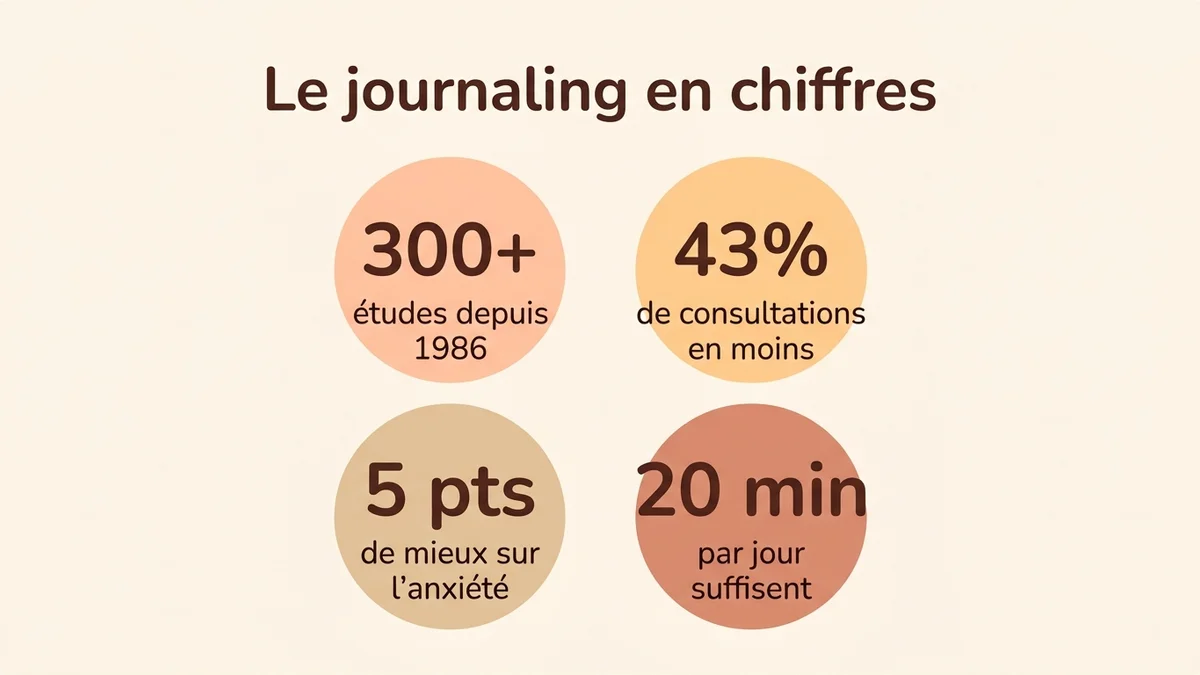 Infographie montrant les statistiques clés du journaling thérapeutique : 300+ études depuis 1986, 43-50% de réduction des consultations médicales, 5 points d'amélioration sur les échelles d'anxiété, 15-20 minutes par jour suffisent