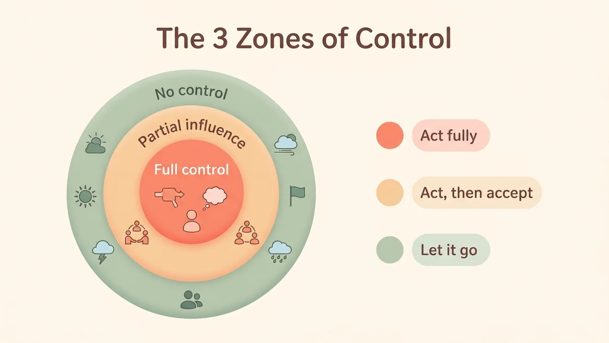 Infographic of the psychology of letting go: visual diagram of the three zones of control (full control, partial influence, no control) linked by arrows, with explanatory icons and key terms