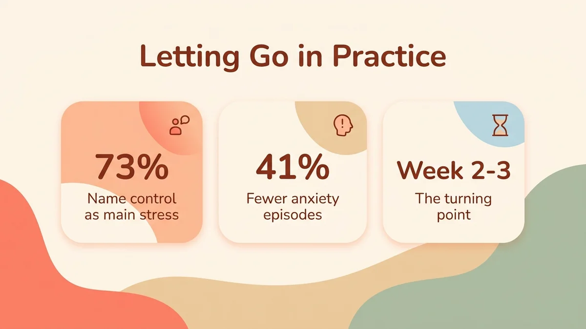 Infographic showing key statistics on practicing letting go: 73% of users identify control as their main source of stress, 41% less anxiety after 4 weeks, a turning point between weeks 2 and 3