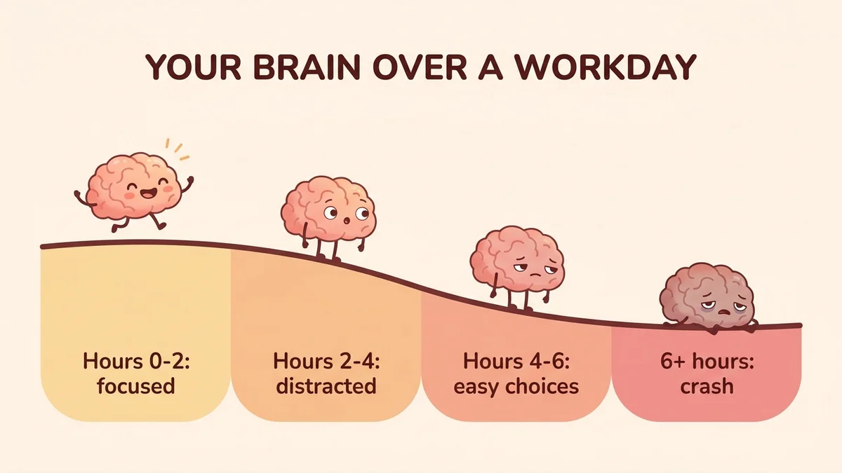 Infographic of the glutamate cycle in the prefrontal cortex: prolonged cognitive effort, toxic glutamate buildup, drop in performance, need for recovery, with data and scientific icons