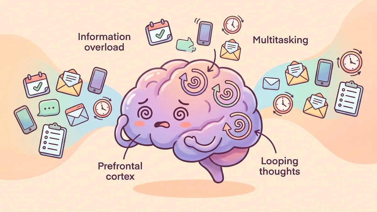 Illustration of the brain with zones overloaded with information and multiple tasks
