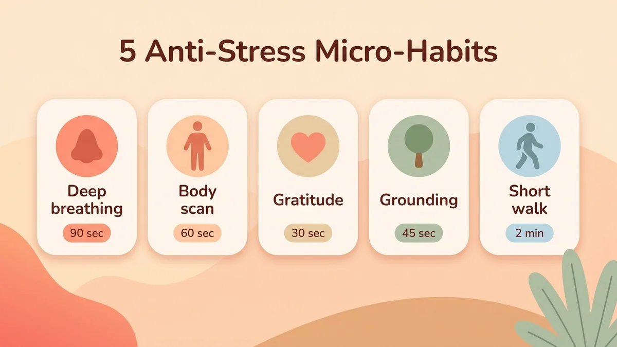 Infographic of the 5 anti-stress micro-habits with the duration and main effect of each, presented with icons and a pastel color code
