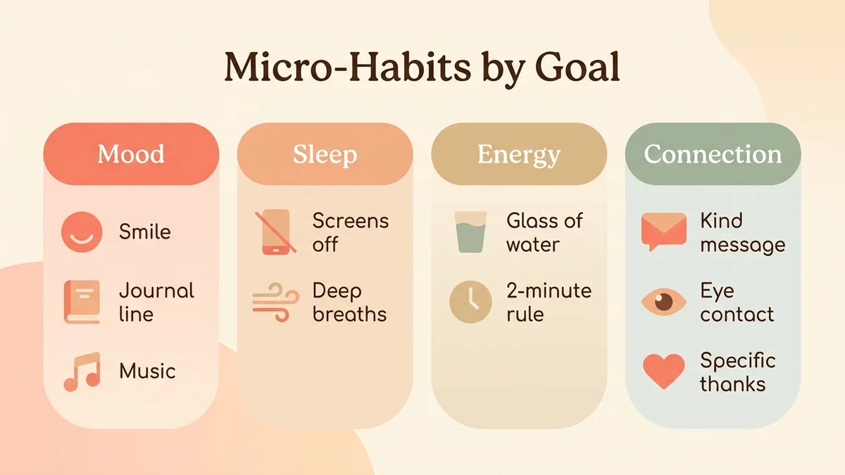 Infographic of the 10 micro-habits grouped by goal: mood, sleep, energy and relationships, with icons and time required