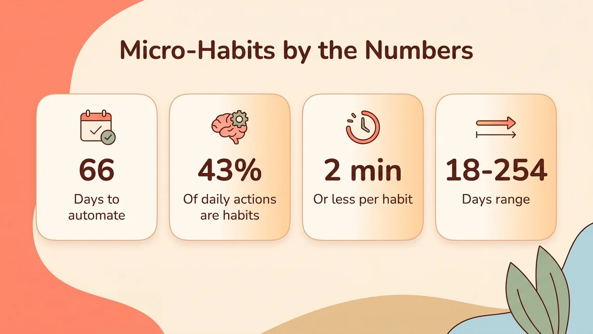 Infographic of key micro-habit statistics: 66 days to automate, 43% of daily actions are habits, under 2 minutes per habit, 18 to 254 days range