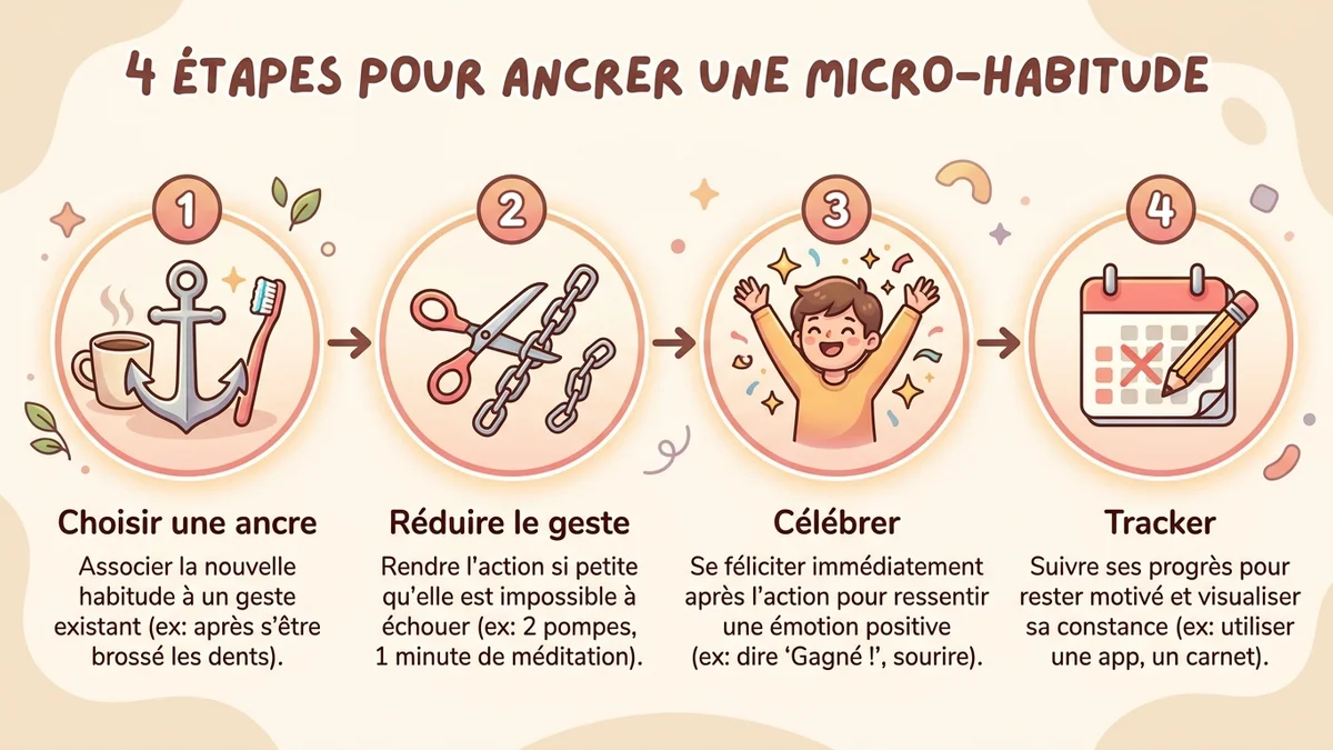 Infographie du processus en 4 étapes pour ancrer une micro-habitude : choisir une ancre, réduire le geste, célébrer, tracker