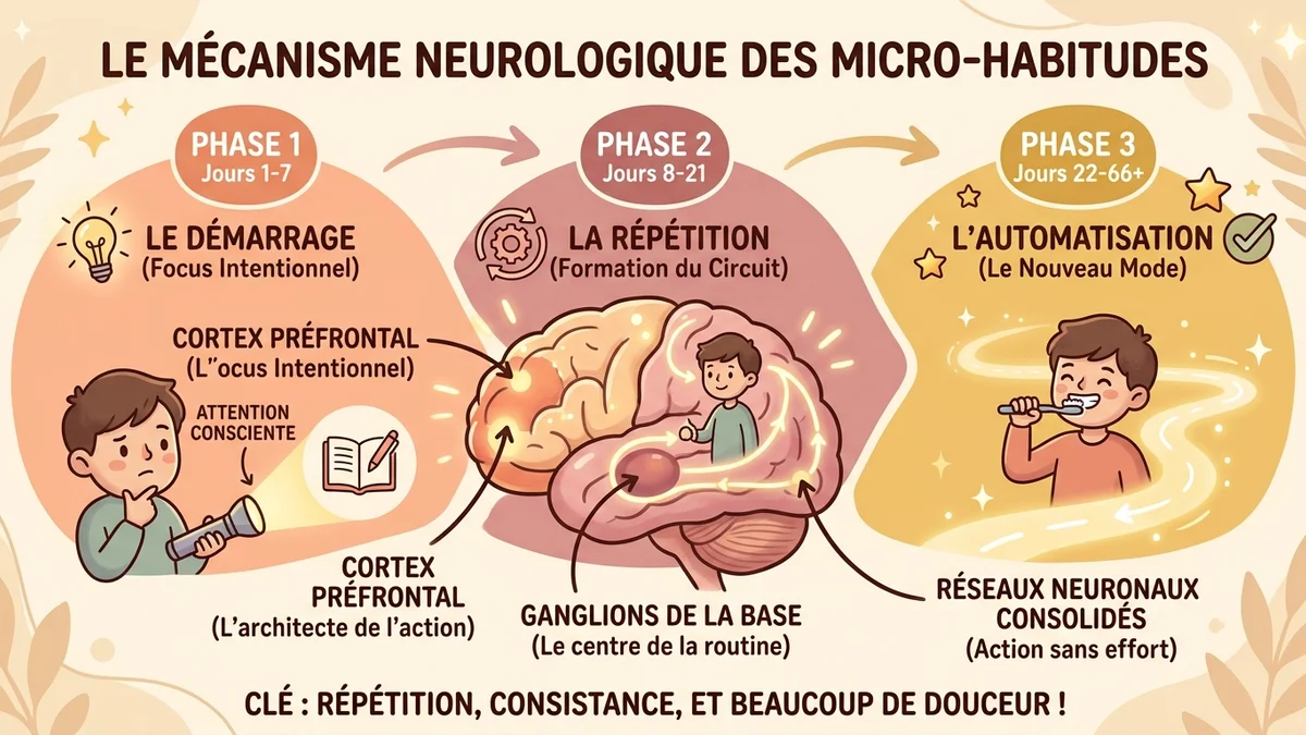 Infographie du mécanisme neurologique des micro-habitudes : le cycle répétition, myélinisation et automatisation dans le cerveau avec les zones cérébrales impliquées