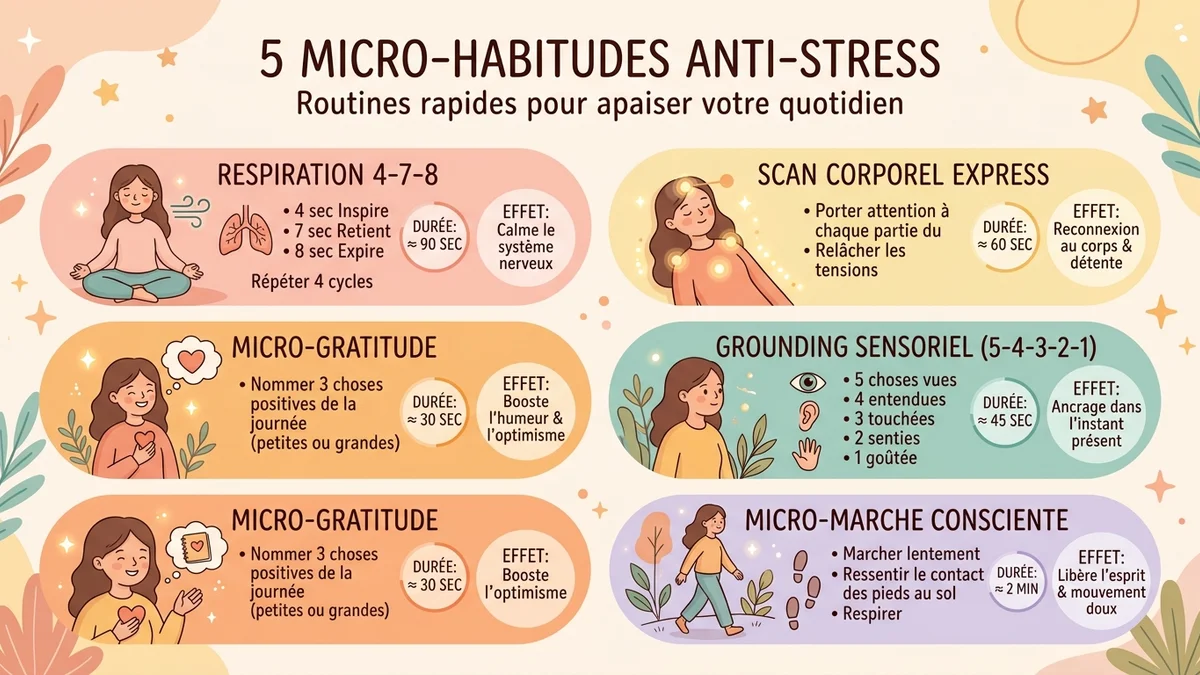 Infographie des 5 micro-habitudes anti-stress avec durée et effet principal pour chacune, présentées avec des icônes et un code couleur pastel