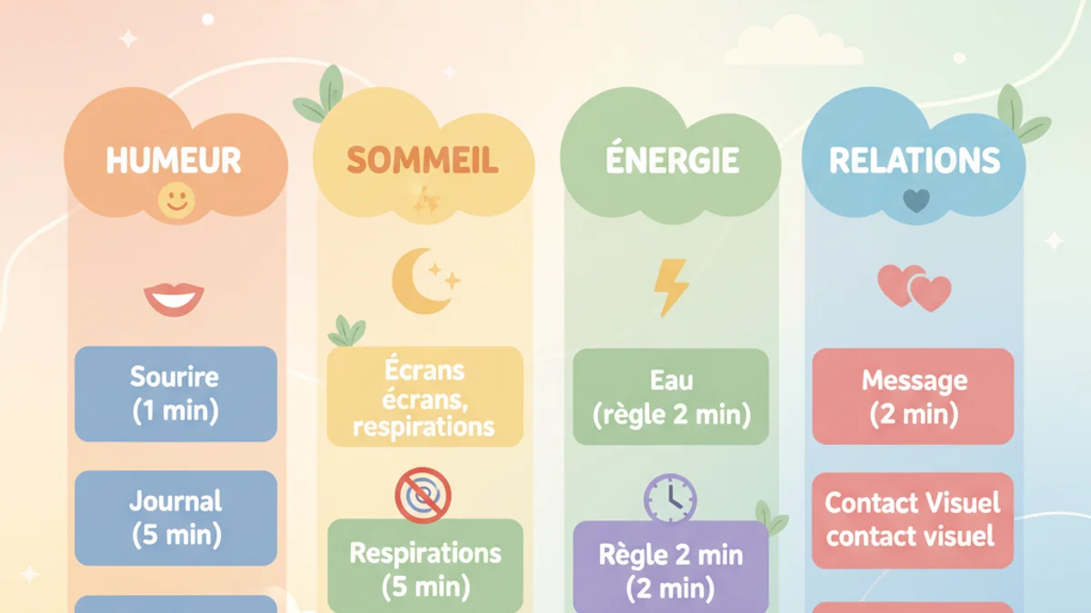 Infographie des 10 micro-habitudes classées par objectif : humeur, sommeil, énergie et relations, avec icônes et temps requis