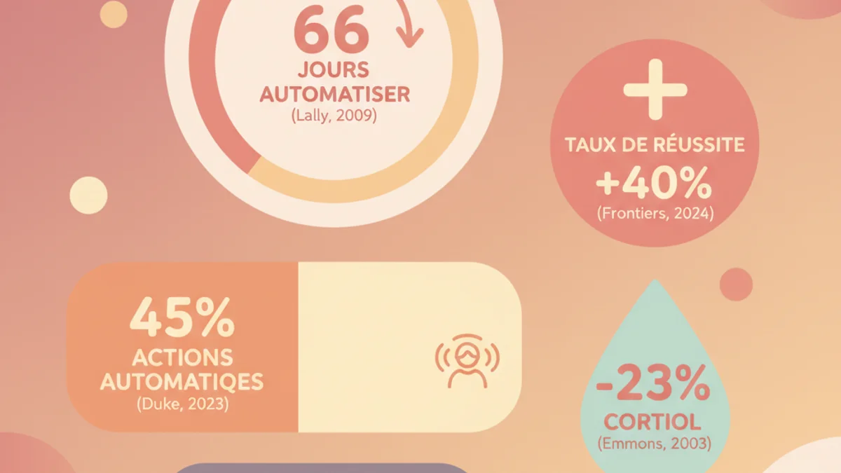 Infographie des statistiques clés sur les micro-habitudes : 66 jours pour automatiser, 45% d'actions automatiques, taux de réussite 40% supérieur, cortisol réduit de 23%