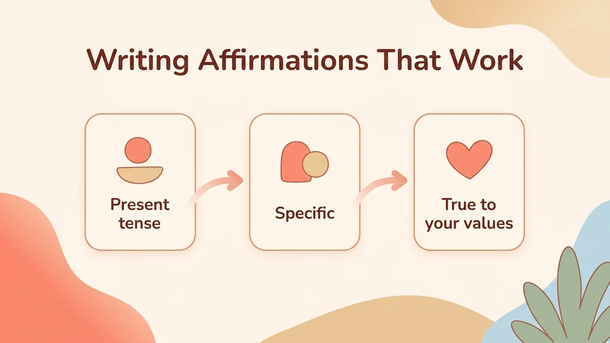 Infographic of the method for writing positive affirmations in three steps: present and positive, specific and personal, connected to your values, with concrete examples and visual icons