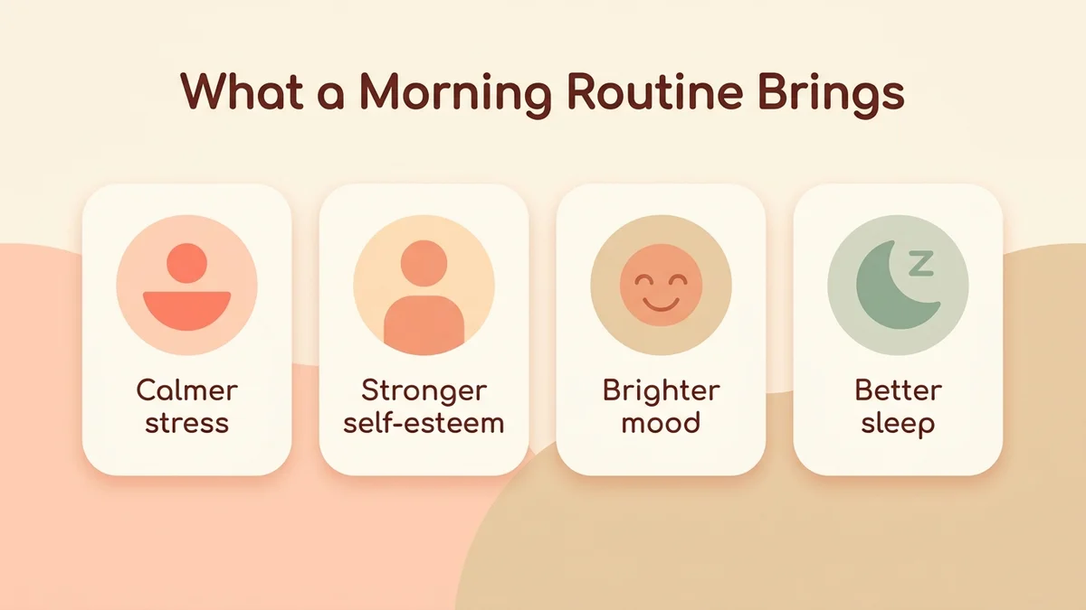 Infographic of the proven benefits of a wellbeing morning routine: calmer stress response, stronger self-esteem, better mood and better sleep, each with an icon