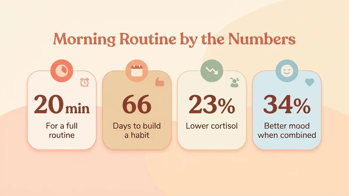 Infographic of key statistics on positive affirmations and morning routines: 20 minutes, 66 days to form a habit, 23% lower cortisol with cardiac coherence, 34% better mood with a combined routine