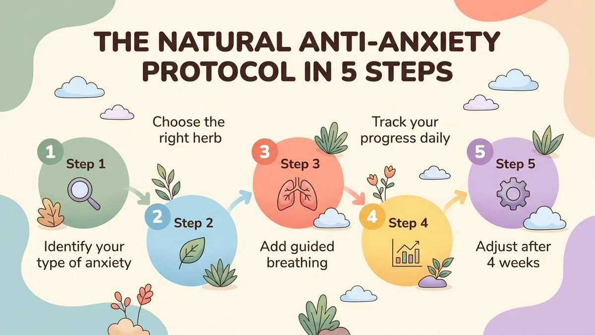 Step-by-step infographic of the natural anti-anxiety protocol: step 1 Identify your type of anxiety, step 2 Choose the right herb, step 3 Add Serena's guided breathing, step 4 Track your progress daily, step 5 Adjust after 4 weeks