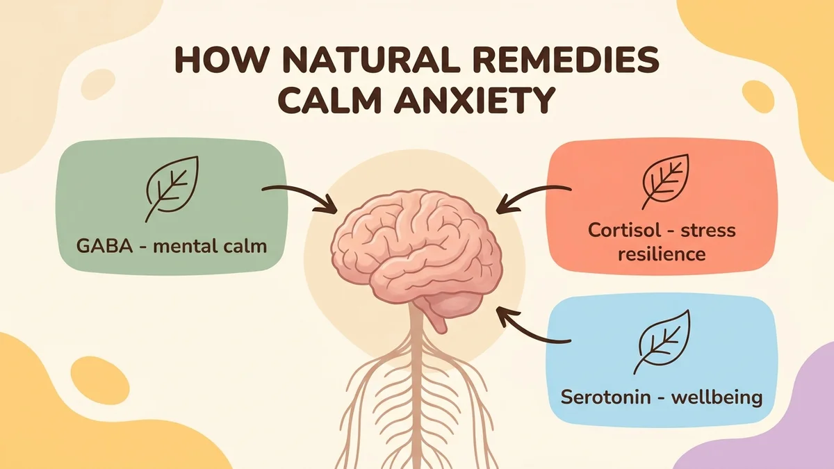 Infographic showing how natural anxiety remedies work on the brain: three pathways — GABA (mental calm), cortisol (stress resilience) and serotonin (wellbeing) — with plant icons and arrows pointing to the nervous system