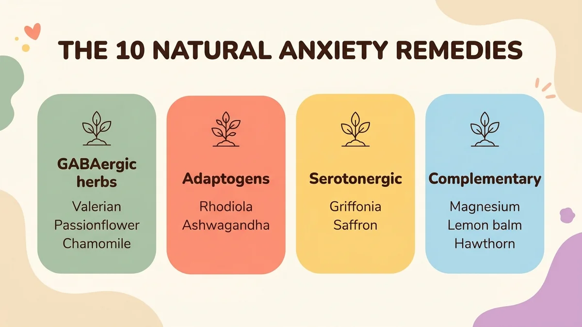 Infographic of the 10 natural anxiety remedies grouped by mechanism of action: GABAergic herbs (valerian, passionflower, chamomile), adaptogens (rhodiola, ashwagandha), serotonergic remedies (griffonia, saffron) and complementary options (magnesium, lemon balm, hawthorn)