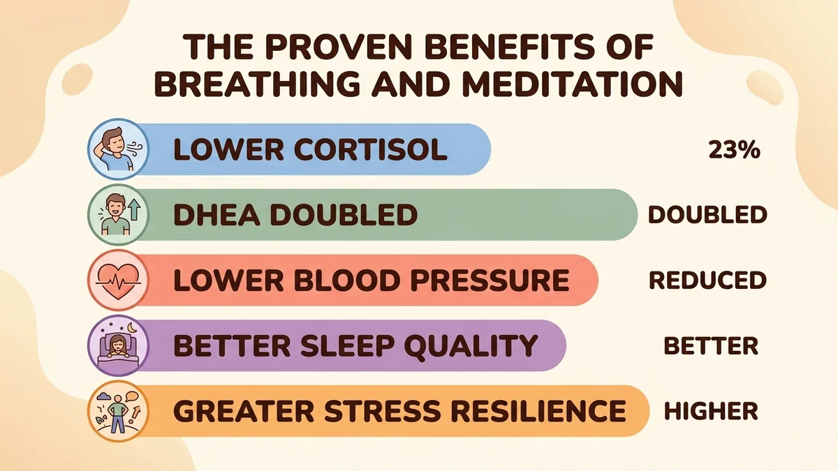 Infographic of the proven benefits of breathing and meditation on anxiety: cortisol -23%, DHEA doubled, lower blood pressure, improved sleep quality, greater stress resilience, with percentages and icons by category