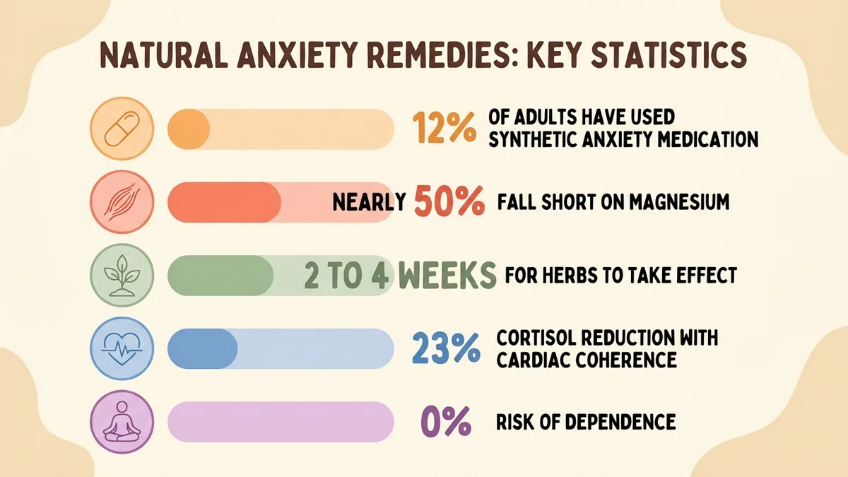 Summary infographic of the key statistics on natural anxiety remedies: 12% of adults have used synthetic anxiety medication, nearly half fall short on magnesium, 2-4 weeks for herbs to take effect, 23% cortisol reduction through cardiac coherence, 0% risk of dependence