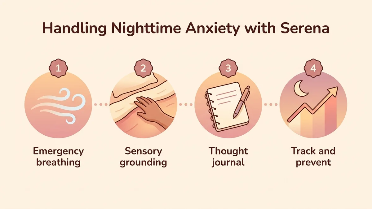 Diagram of the four-step process for managing nighttime anxiety with Serena: step 1 emergency breathing, step 2 sensory grounding, step 3 thought journal, step 4 tracking and prevention, with numbered circles and icons