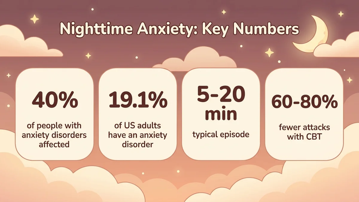 Infographic of key nighttime anxiety statistics: 40% of people with anxiety disorders affected, 19.1% of US adults with an anxiety disorder, 18.1% have trouble staying asleep, an attack lasts 5 to 20 minutes on average, CBT is 60-80% effective