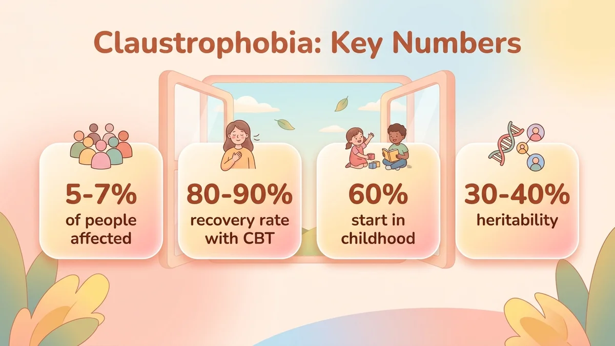 Infographic of key claustrophobia statistics: 5-7% prevalence, 80-90% CBT recovery rate, 60% start in childhood, 30-40% heritability