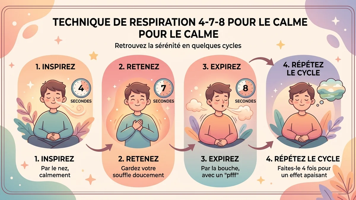 Infographie pas à pas de la respiration 4-7-8 : timeline visuelle des 4 cycles avec compteurs et indications de respiration