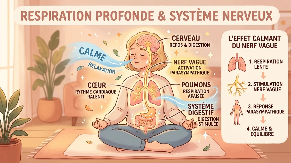 Schéma scientifique du système nerveux autonome : bascule sympathique vers parasympathique lors de la respiration 4-7-8