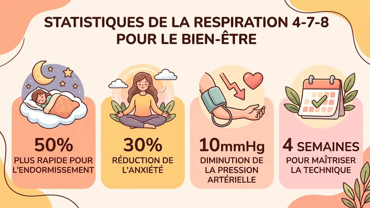 Infographie des statistiques clés de la respiration 4-7-8 : temps d'endormissement, réduction de l'anxiété, baisse de tension, délais d'effet