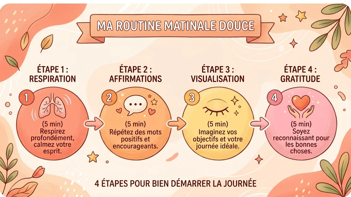 Schéma du processus de routine matinale en 4 étapes : respiration guidée, affirmations personnalisées, visualisation positive, journal de gratitude, avec durées et bénéfices pour chaque étape