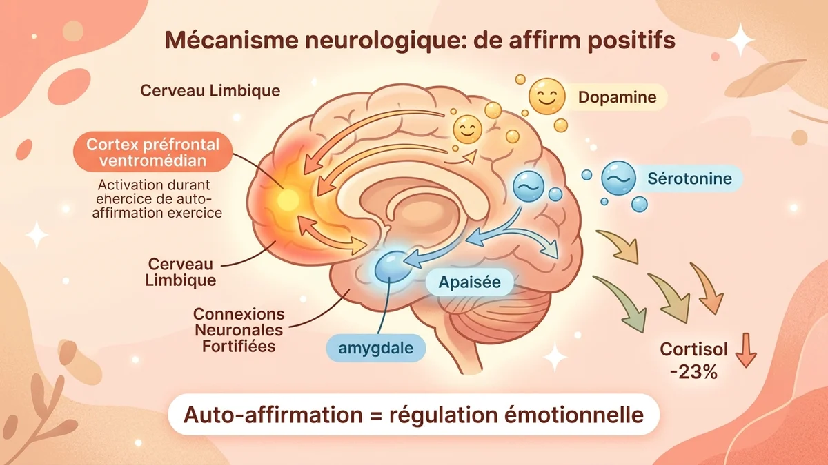 Infographie du mécanisme neurologique des affirmations positives : schéma du cerveau montrant l'activation du cortex préfrontal ventromédian et la réduction de l'activité de l'amygdale lors de la répétition d'affirmations, avec flèches et icônes explicatives